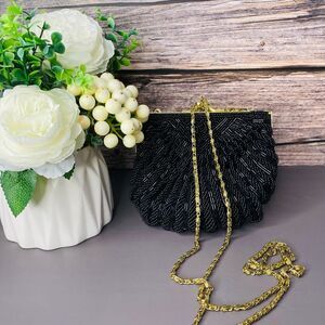 Vintage 1960s La Regale Black Beaded Clam Shell Evening Bag, Sparkly Purse